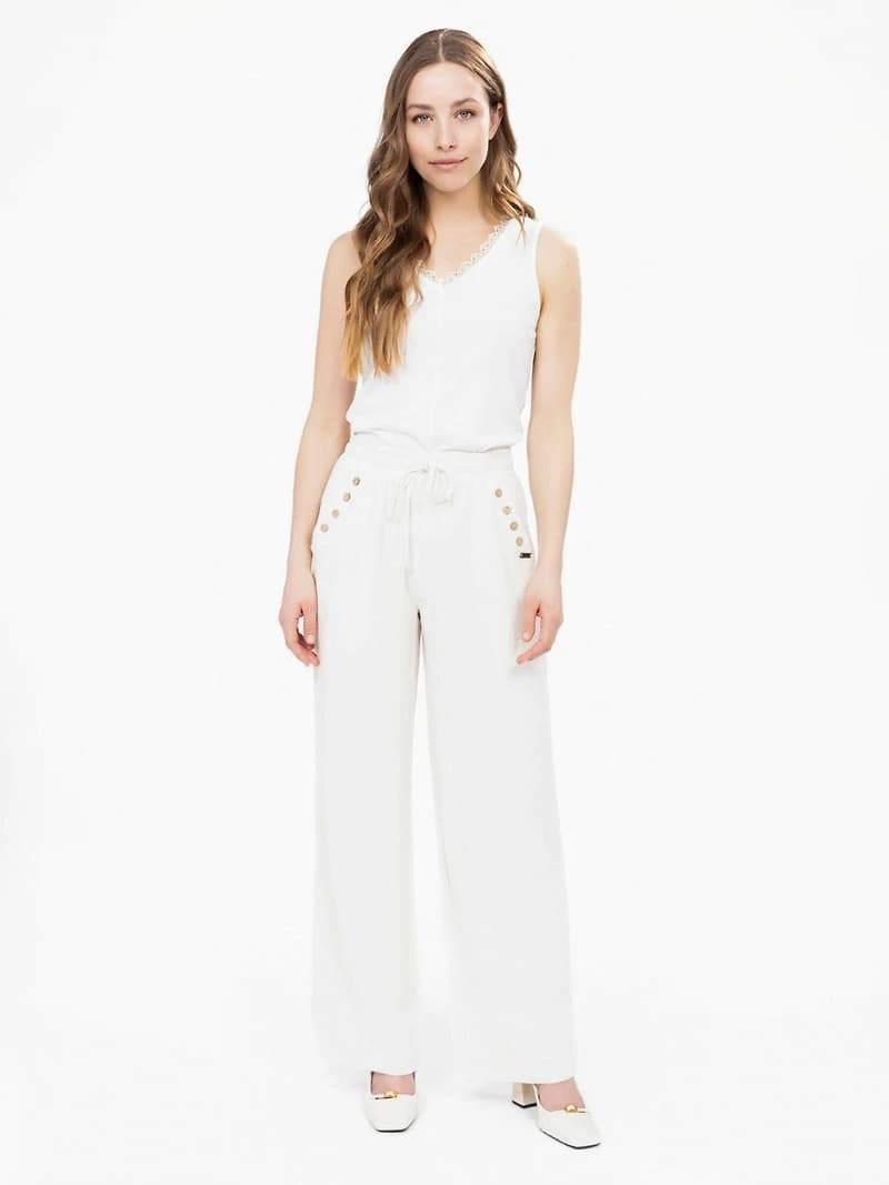 Pantalon fluide taille élastique à boutons décoratifs
