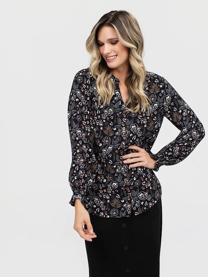 Long-sleeve loose blouse with buttons