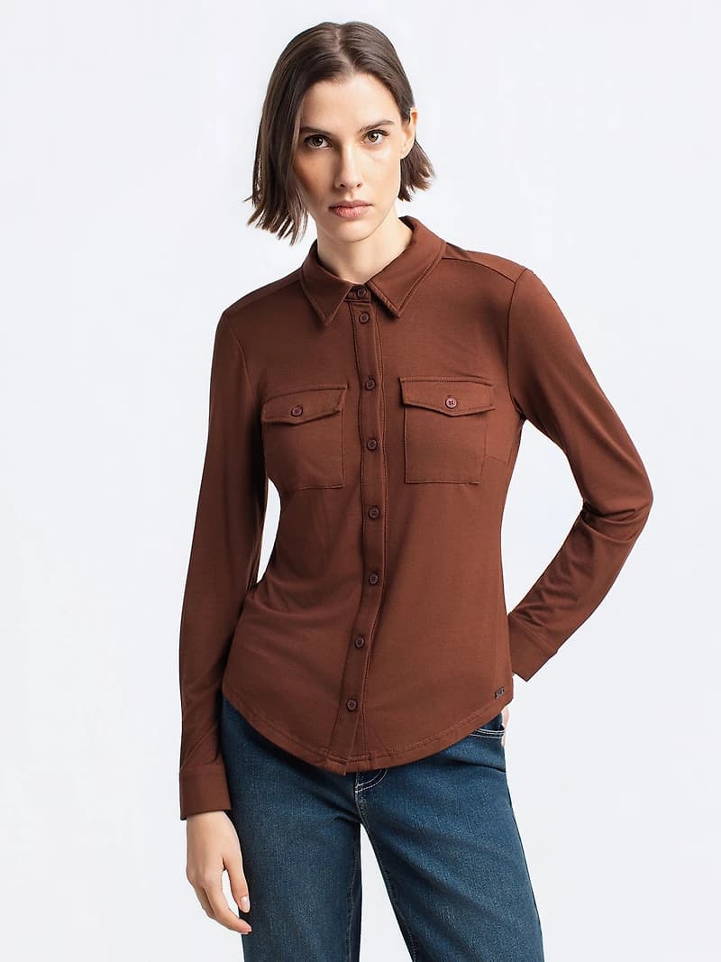 Fitted long-sleeve button-front blouse